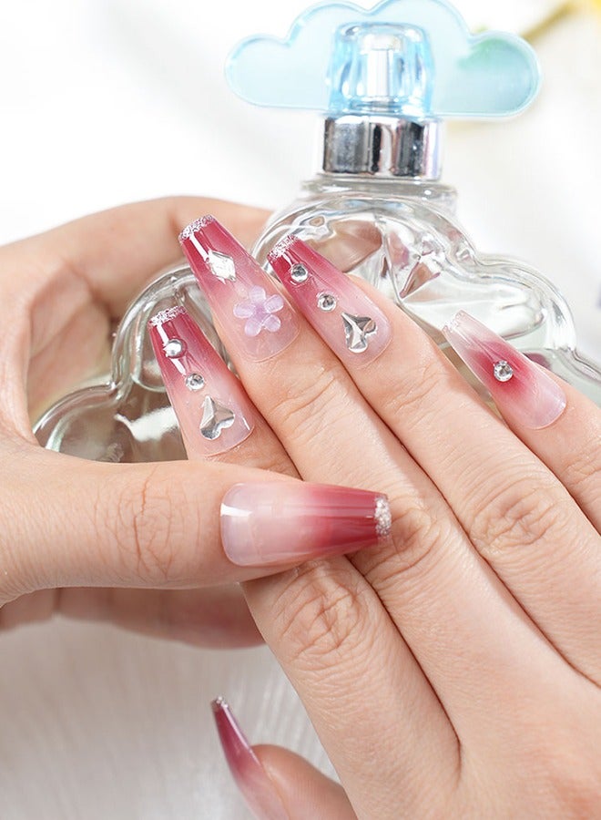 24 قطعة لاصقات فنية للأظافر مضغوطة على الأظافر، مع مجموعة أدوات الأظافر، وردي متدرج مع الماس والزهور، لاصقات فنية للأظافر متوسطة الطول شبه منحرف، نحيفة على أطراف الأصابع، موديلات متعددة الاستخدامات يومياً، لاصقات مريحة، صحية وآمنة - Image 2