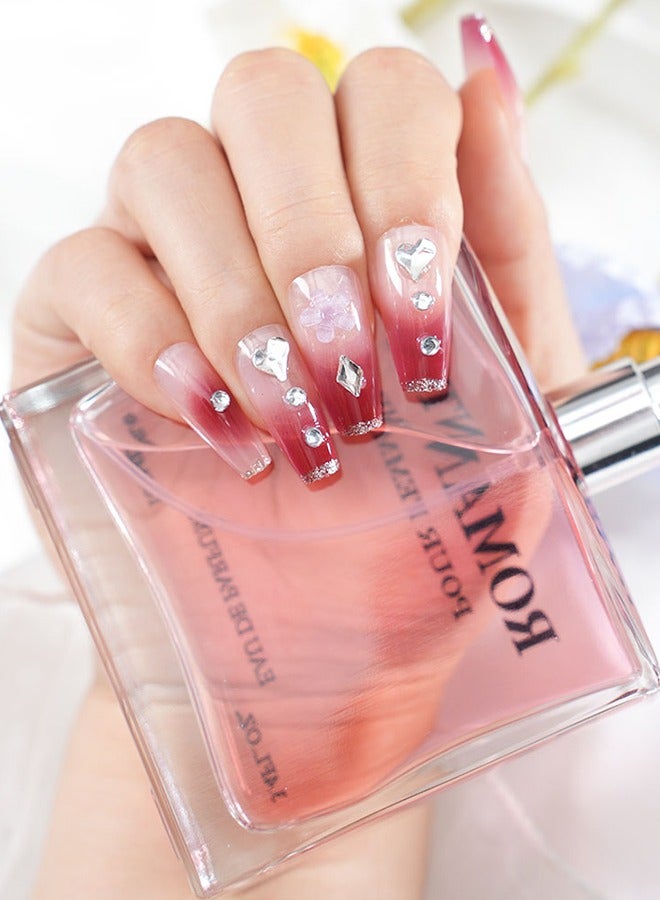 24 قطعة لاصقات فنية للأظافر مضغوطة على الأظافر، مع مجموعة أدوات الأظافر، وردي متدرج مع الماس والزهور، لاصقات فنية للأظافر متوسطة الطول شبه منحرف، نحيفة على أطراف الأصابع، موديلات متعددة الاستخدامات يومياً، لاصقات مريحة، صحية وآمنة - Image 3