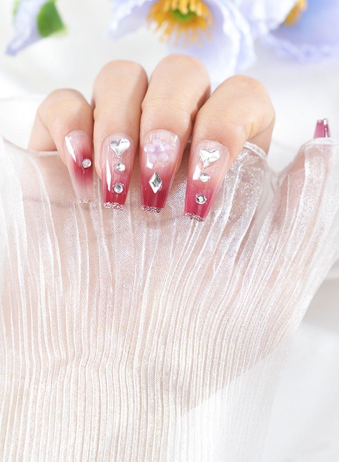 24 قطعة لاصقات فنية للأظافر مضغوطة على الأظافر، مع مجموعة أدوات الأظافر، وردي متدرج مع الماس والزهور، لاصقات فنية للأظافر متوسطة الطول شبه منحرف، نحيفة على أطراف الأصابع، موديلات متعددة الاستخدامات يومياً، لاصقات مريحة، صحية وآمنة - Image 4