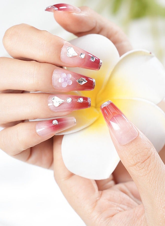 24 قطعة لاصقات فنية للأظافر مضغوطة على الأظافر، مع مجموعة أدوات الأظافر، وردي متدرج مع الماس والزهور، لاصقات فنية للأظافر متوسطة الطول شبه منحرف، نحيفة على أطراف الأصابع، موديلات متعددة الاستخدامات يومياً، لاصقات مريحة، صحية وآمنة - Image 5
