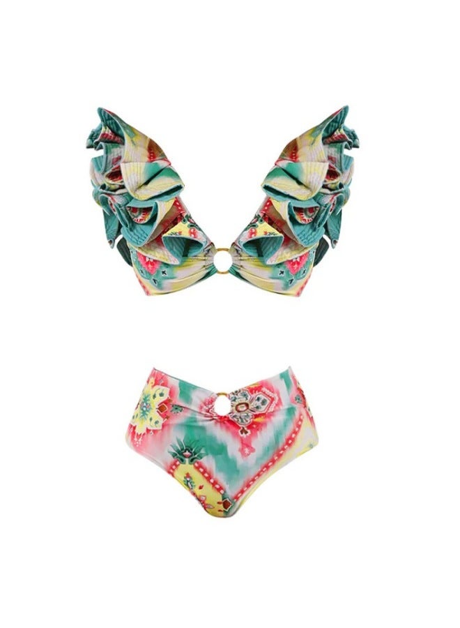 European And American New Style Bikini Printed Ruffled High-waisted Two-piece Swimsuit Stunning Set For Women Hot Item