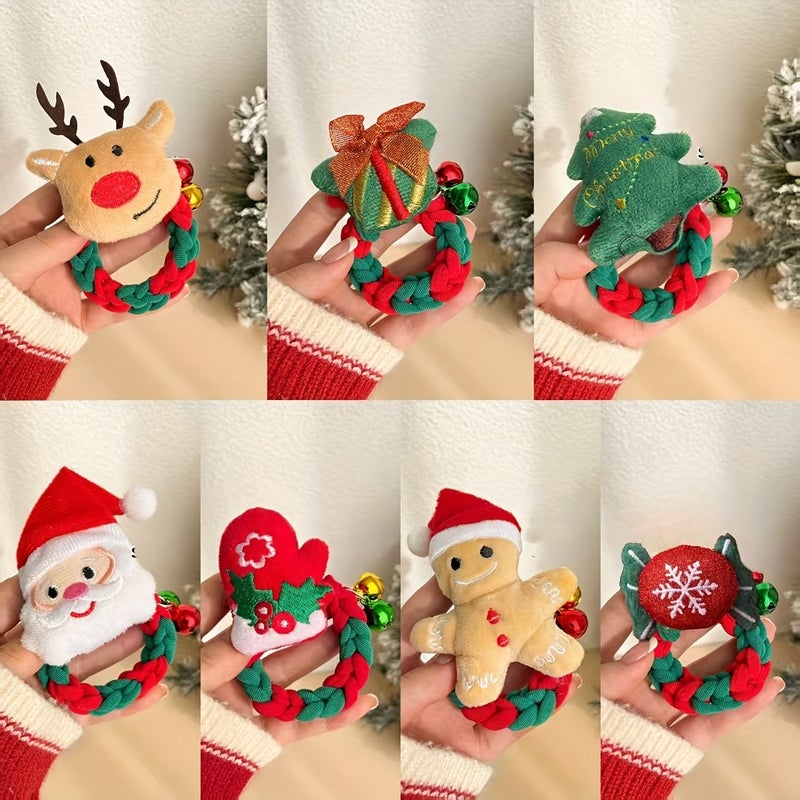 5 Piece Christmas Hair Tie Set Santa Reindeer Trees Red Green - Image 2