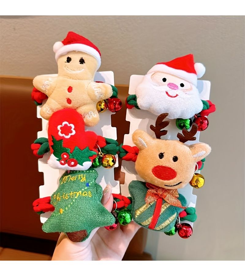 5 Piece Christmas Hair Tie Set Santa Reindeer Trees Red Green - Image 5