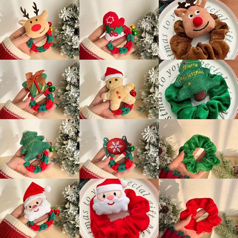 5 Piece Christmas Hair Tie Set Santa Reindeer Trees Red Green - Image 1