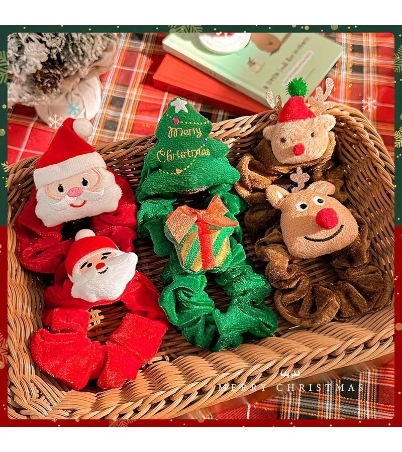 5 Piece Christmas Hair Tie Set Santa Reindeer Trees Red Green - Image 3