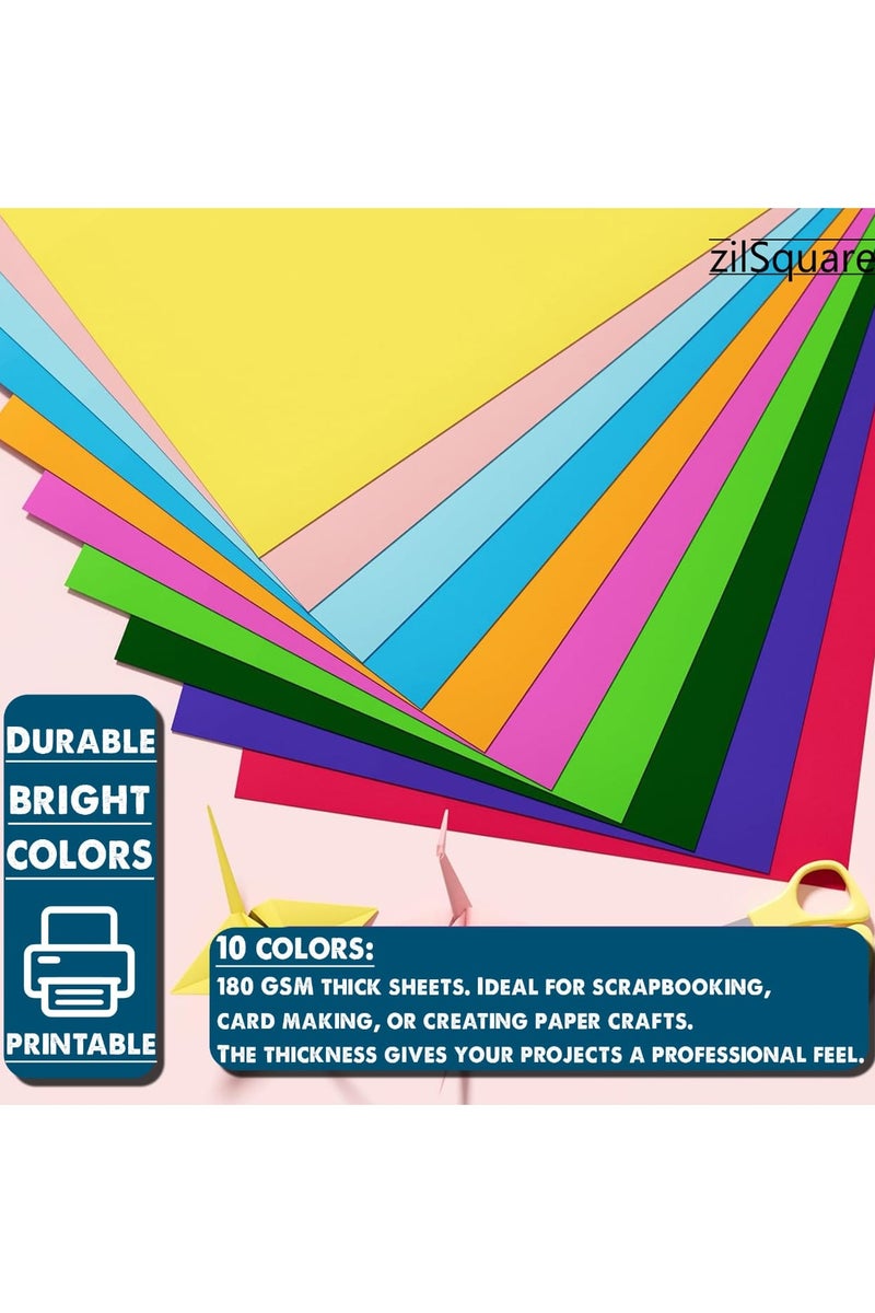 zilSquare 100 Sheets A4 Colored Cardstock Paper – 180 GSM Thick Multicolor Craft Paper Pack, Vibrant A4 Colour Sheets for Printing, Art Projects, Scrapbooking, Card Making, School Crafts, DIY Arts and Office Use – Decorative Construction Paper for Creative Projects - Image 2