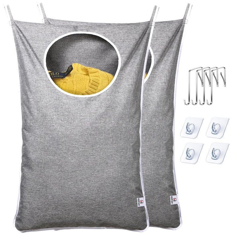 KEEPJOY Saves Space DoorHanging Laundry BagDoor Hanging Laundry Hamper with 2 Different Types of Hooks Oxford Fabric Hanging Laundry Basket for Clothes Size 30X20 2 Pack Gray