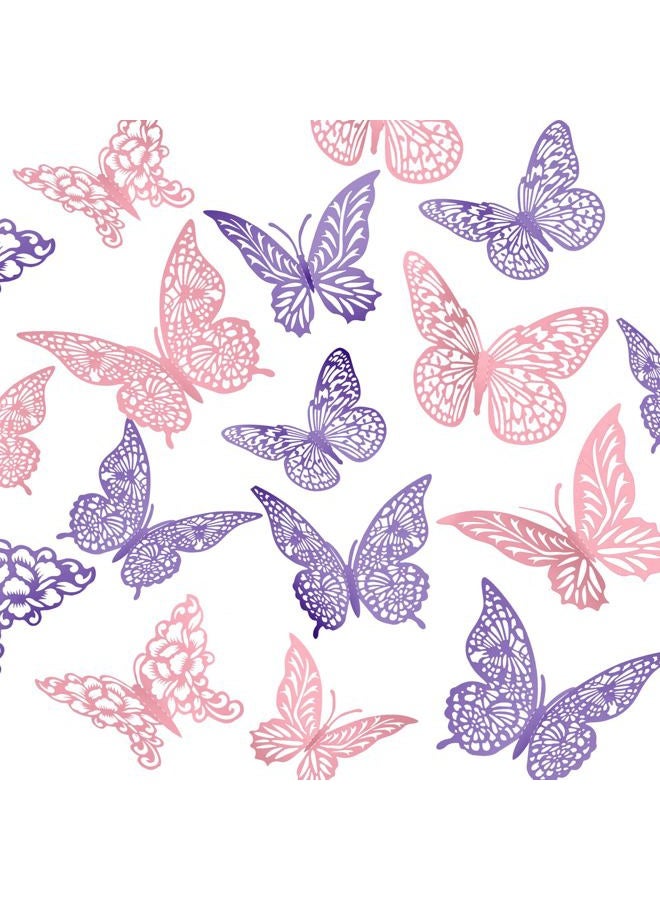XUNXMAS 3D Butterfly Wall Decor 3 Sizes 4 Styles Butterfly Party Decorations Cake Decorations Removable Stickers Wall Decor Room Mural Metallic Kids (Purple+Pink, 48Pcs) - Image 1