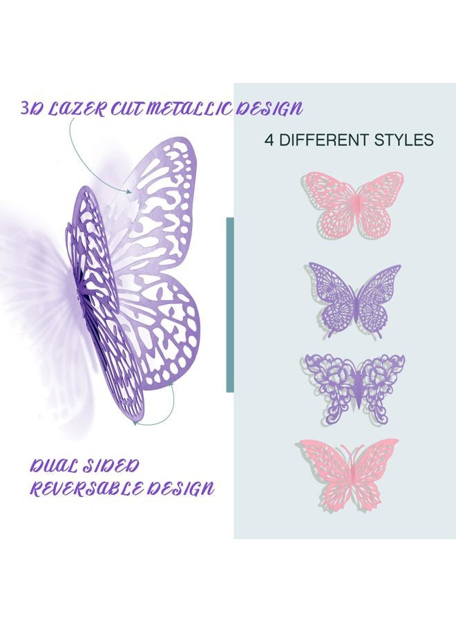 XUNXMAS 3D Butterfly Wall Decor 3 Sizes 4 Styles Butterfly Party Decorations Cake Decorations Removable Stickers Wall Decor Room Mural Metallic Kids (Purple+Pink, 48Pcs) - Image 3