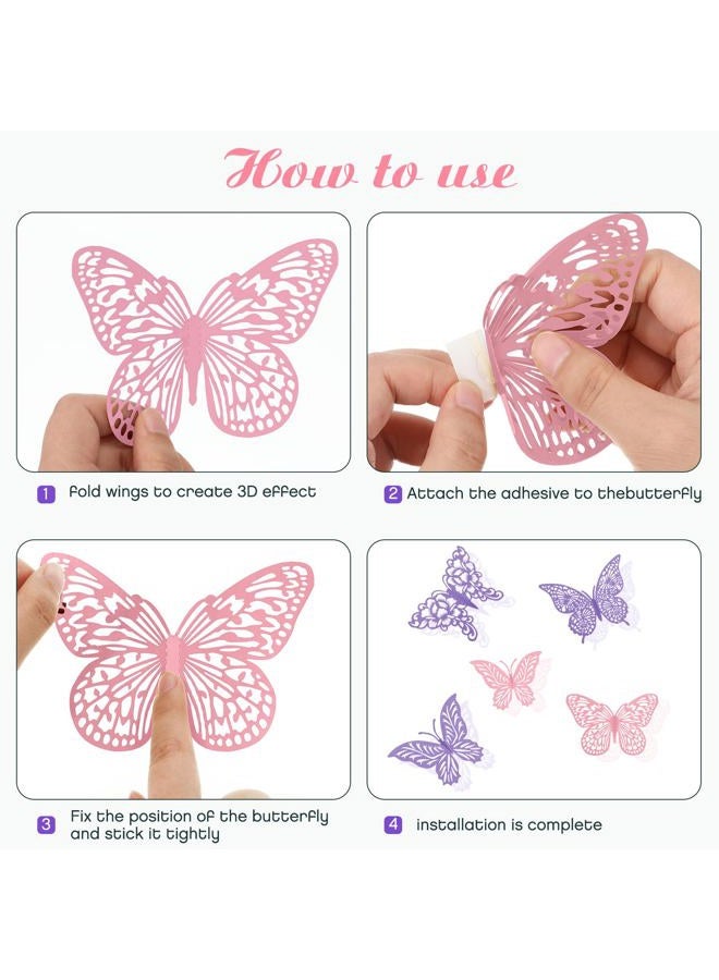 XUNXMAS 3D Butterfly Wall Decor 3 Sizes 4 Styles Butterfly Party Decorations Cake Decorations Removable Stickers Wall Decor Room Mural Metallic Kids (Purple+Pink, 48Pcs) - Image 4