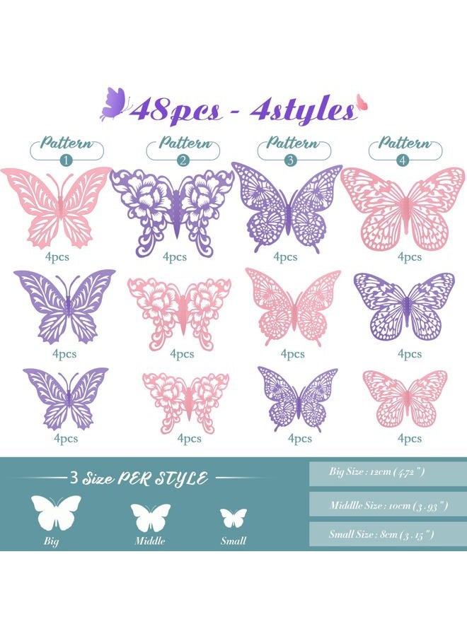 XUNXMAS 3D Butterfly Wall Decor 3 Sizes 4 Styles Butterfly Party Decorations Cake Decorations Removable Stickers Wall Decor Room Mural Metallic Kids (Purple+Pink, 48Pcs) - Image 2