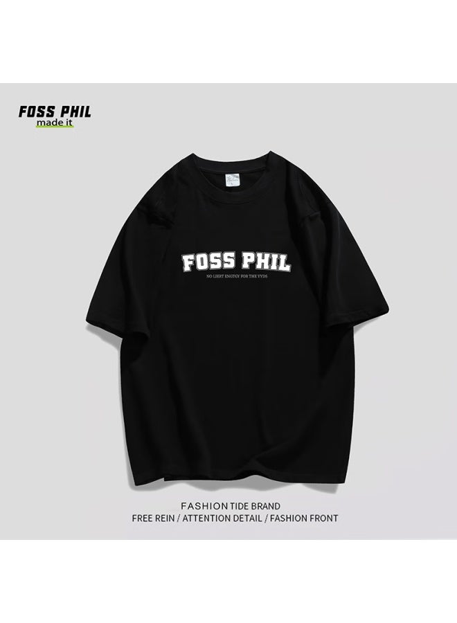 Foss Phil Short-sleeve T-shirt For Men And Women, Summer Sports Casual Trendy Printed Pure Cotton Top, Men's And Women's Clothing F0013 Black L - Image 5