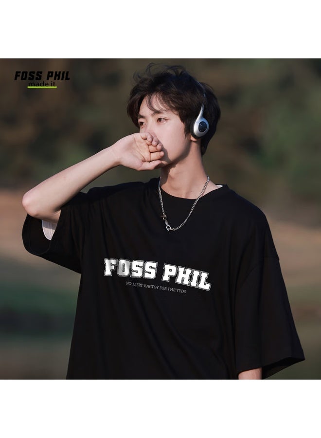 Foss Phil Short-sleeve T-shirt For Men And Women, Summer Sports Casual Trendy Printed Pure Cotton Top, Men's And Women's Clothing F0013 Black L - Image 2