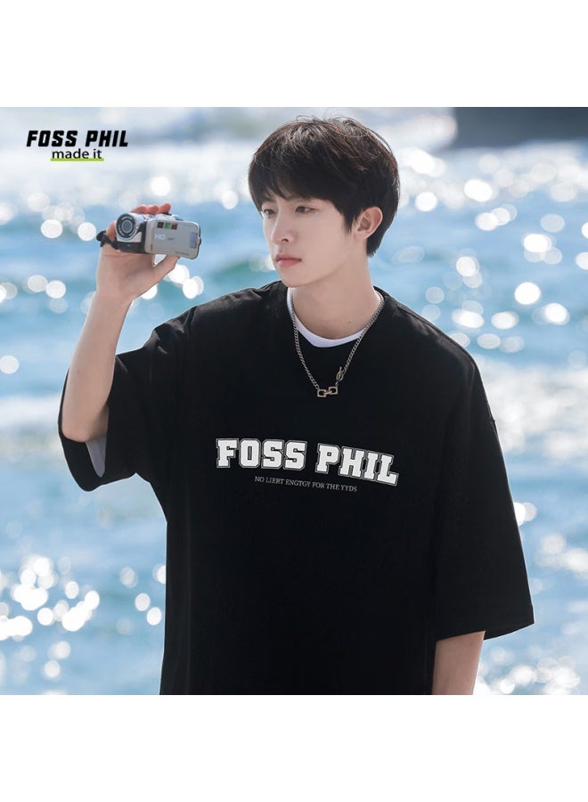 Foss Phil Short-sleeve T-shirt For Men And Women, Summer Sports Casual Trendy Printed Pure Cotton Top, Men's And Women's Clothing F0013 Black L - Image 1