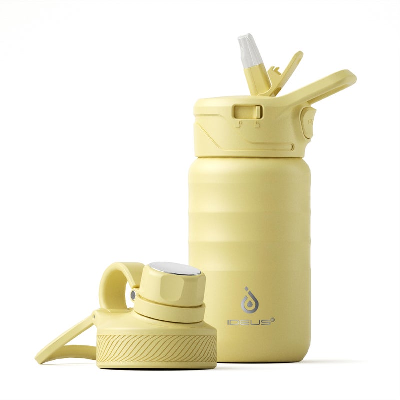 زجاجة ماء معزولة من الفولاذ المقاوم للصدأ IDEUS مع 2 غطاء مانع للتسرب، زجاجة ماء حرارية للتنزه وركوب الدراجات 12 أونصة، أصفر فاتح