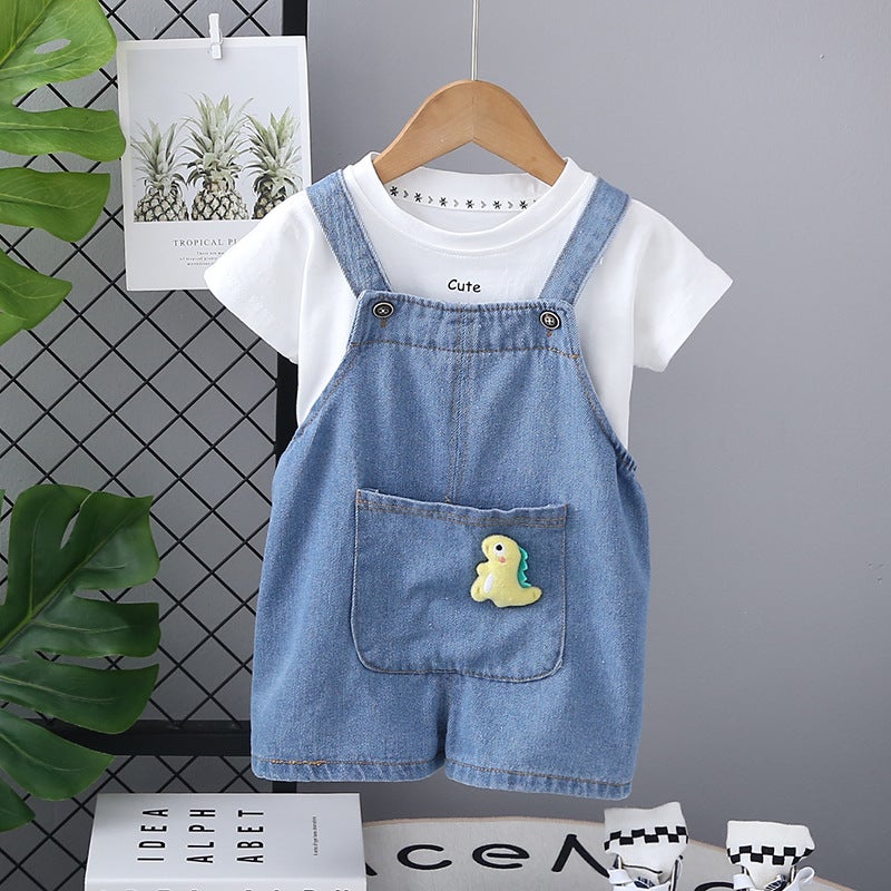Baby Clothes Summer Stylisch Short-sleeved Cartoon Cute Denim Two-piece Set One-year-old Baby Trendy for Boys and Girls White 