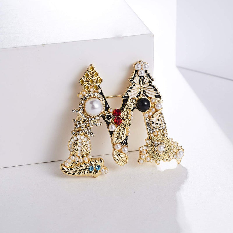 RINHOO Pearl Initial Brooch Pin Crystal A-Z 26 Alphabet Letters Brooch Colorful Enamel Breastpin Pin Jewelry for women Gifts (M) - Image 2