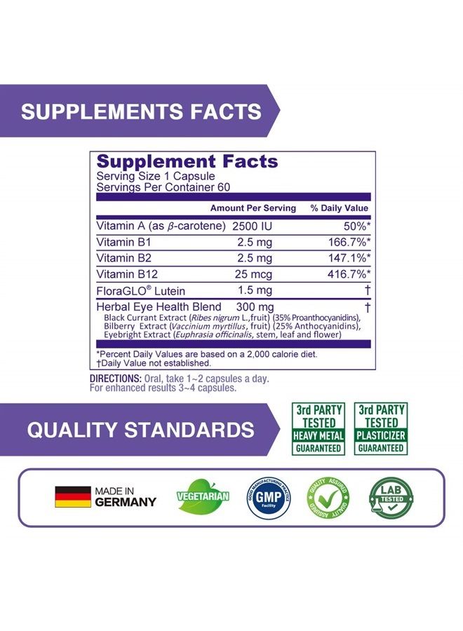 Lovita Eyes Care, Eye Vitamins with Clinically Proven FloraGLO Lutein, 10000 mg Equivalent Bilberry, Black Currant & Eyebright, Supports Eye Strain, Dry Eye and Vision Health, 60 Vegetarian Capsules - Image 2