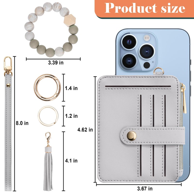 Airkit Wristlet Wallets for Women, Keychain RFID Blocking Credit Card Holder, Small Girly Wallet with Bracelet, Silicone Beaded Tassel Key Ring Card Holder, Grey - Image 3