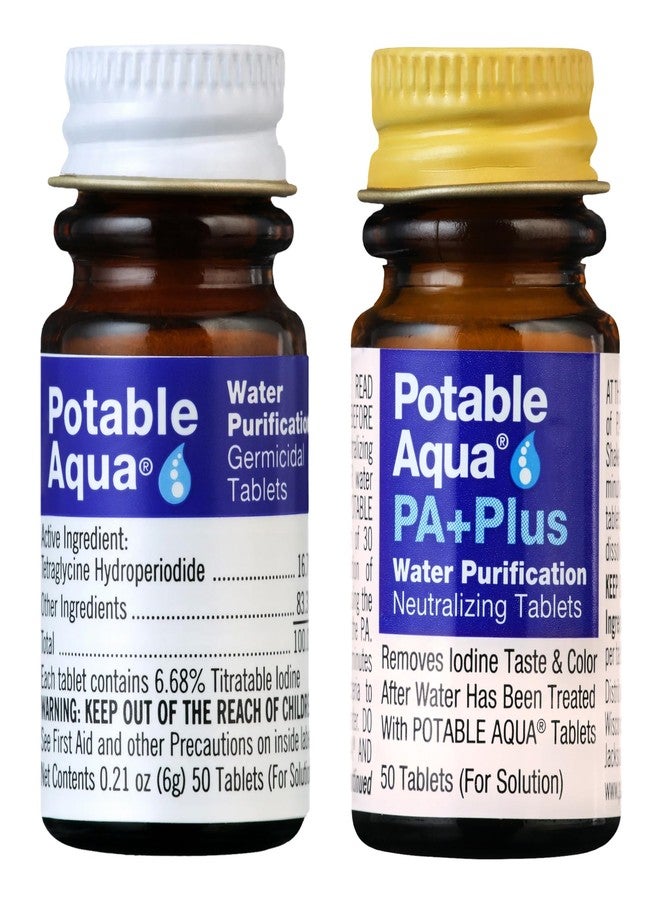 Potable Aqua Water Purification Tablets with PA Plus, Portable and Effective Solution for Camping, Hiking, Emergencies, Natural Disasters and International Travel, Two 50ct Bottles - Image 1