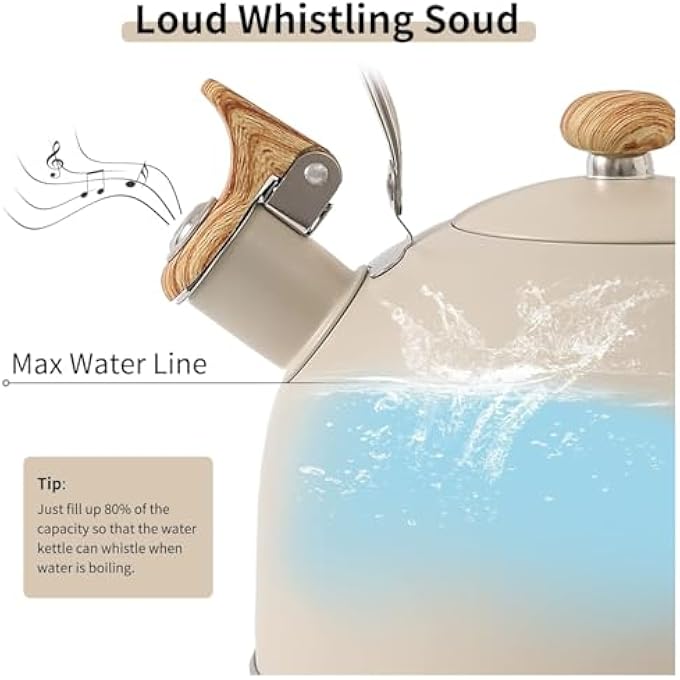 HOUSLET Tea Kettle 85 Oz  25 Liter Whistling Tea Kettle Tea Pots For Stove Top Food Grade Stainless Steel With Wood Pattern Folding Handle Loud Whistle Kettle For Tea Coffee Milk White - Image 3