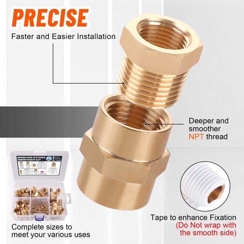 Ailbiuko 60pcs Brass Pipe Fittings Assortment Kit,Reducer Bushing,Hex Nipple,Reducing Hex Coupling,Hex Heand Plug,End Cap and Socket Plug Fitting Kit - Image 5