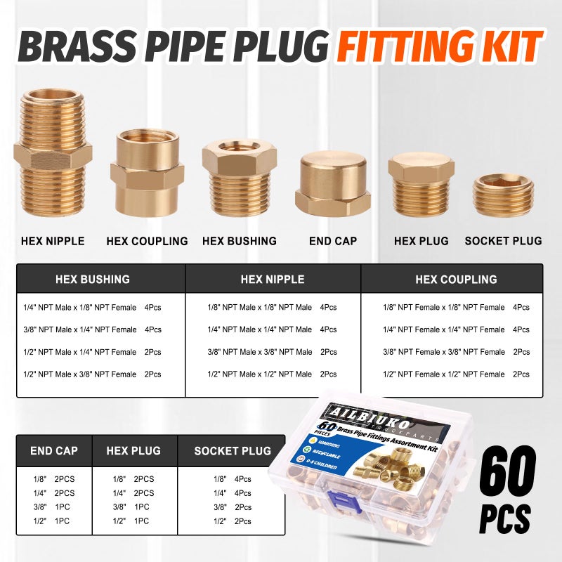 Ailbiuko 60pcs Brass Pipe Fittings Assortment Kit,Reducer Bushing,Hex Nipple,Reducing Hex Coupling,Hex Heand Plug,End Cap and Socket Plug Fitting Kit - Image 2