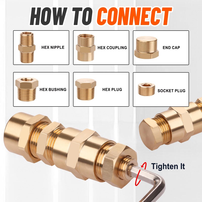 Ailbiuko 60pcs Brass Pipe Fittings Assortment Kit,Reducer Bushing,Hex Nipple,Reducing Hex Coupling,Hex Heand Plug,End Cap and Socket Plug Fitting Kit - Image 4
