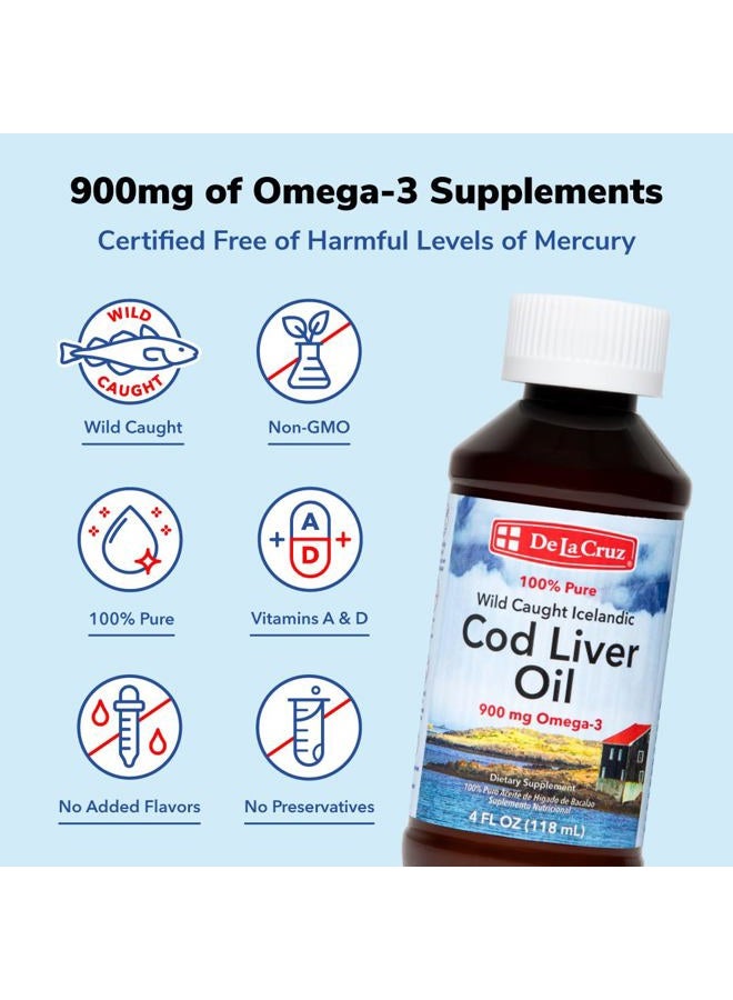 De La Cruz زيت كبد السمك السائل - زيت سمك آيسلندي بري نقي 4 أونصة سائلة (118 مل) - Image 3