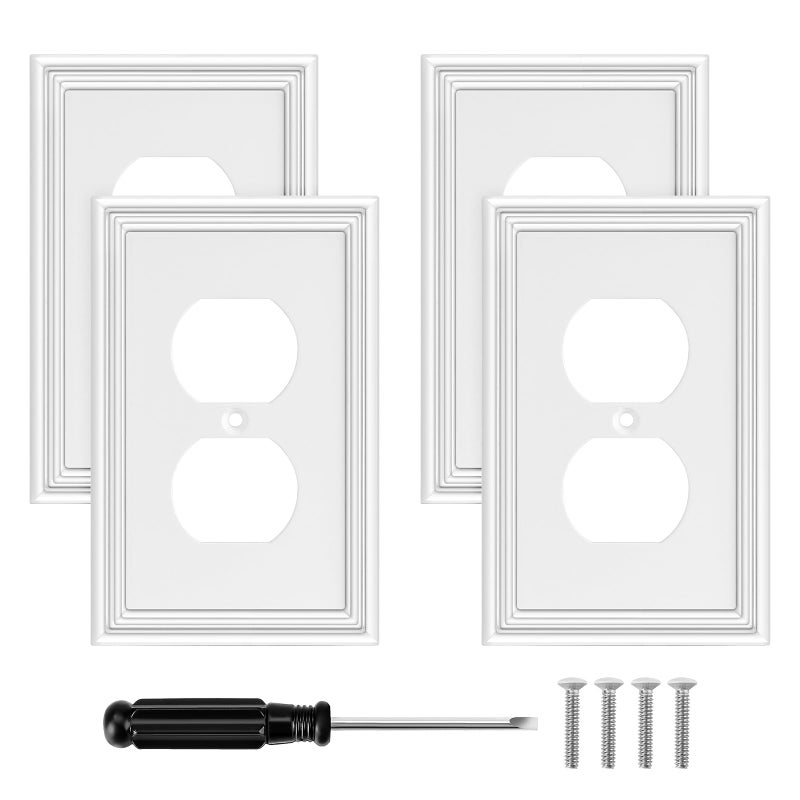 White Outlet Covers Wall Plate Modern Decorative Light Switch Cover Switch Plates Outlet Cover Bamboo Fiber Material Wall Plates for Kitchen Bathroom 1 Gang Duplex Outlet4 Pack