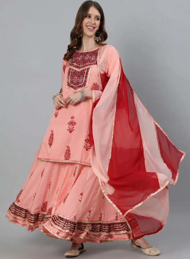 آي شين Women's Peach 100% Cotton Yoke Design Straight Fit Kurta Set