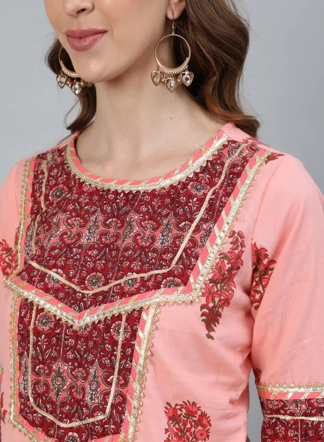 آي شين Women's Peach 100% Cotton Yoke Design Straight Fit Kurta Set