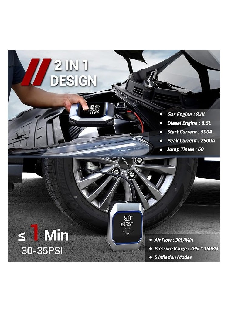 Generic 2500A Jump Starter with Air Compressor, 20000mAh Portable Car Battery Pack for 8.5L Gas/8.0L Diesel Engines, 160PSI Car Tire Inflator, UltraSafe Battery Box with Touch Screen, LED Light, Power Bank  - Image 2