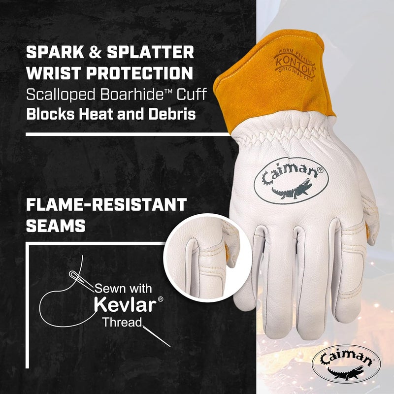 Caiman Caiman Premium Goat Grain TIGMIG Welding Gloves with Wool Insulated Back Scalloped Cuff Boarhide Palm Unlined Reinforced Thumb Kevlar Kontour Design WhiteGold XLarge 18716  - Image 5