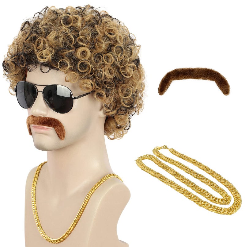 karlery karlery 3 Pieces Necklace Moustache Brown Short Curly Afro Wig California 70s 80s Disco Party Costume Wig 