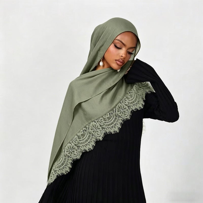 Malaysian Cotton Scarf with Lace Stitching - Soft, Breathable, and Versatile 180x80cm