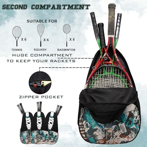 WHACKK Ace 28L Printed Black Badminton Tennis Pickleball Bag|Unisex|Lightweight|Shuttle Bag|Shoe Pocket|Backpack Style|Spacious Storage Compartment for Clothes|Rackets Tennis-6 Badminton-8 - Image 2