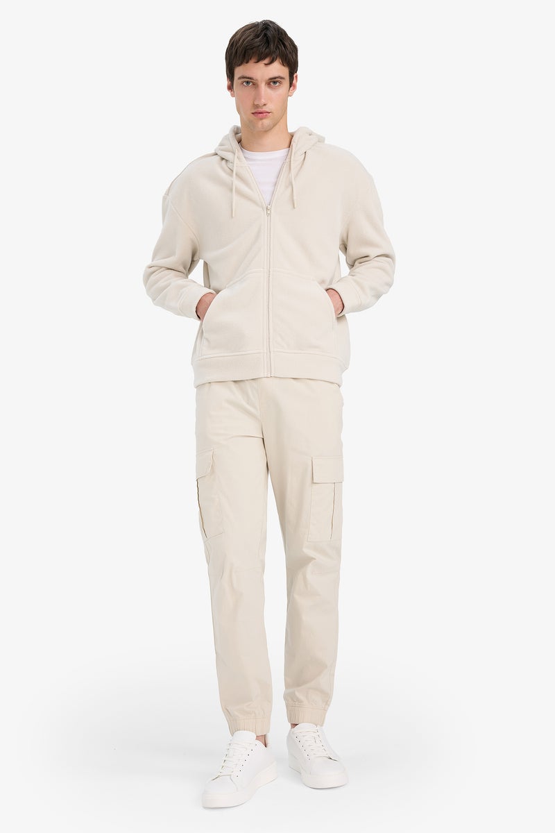 DeFacto Beige Man Boxy Fit Hooded Zippered Fleece Sweatshirt Casual - Image 2