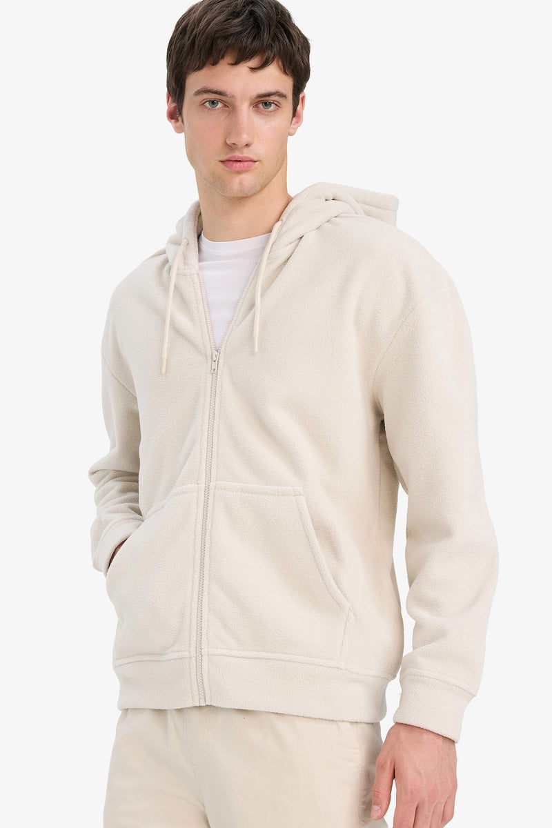 DeFacto Beige Man Boxy Fit Hooded Zippered Fleece Sweatshirt Casual - Image 1