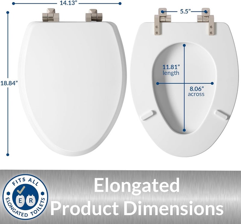 Mayfair Bennett Toilet Seat with Brushed Nickel Hinges, Slow Close Wood Seat, Secure Metal Hinges, Easy Install, Elongated, White - Image 5