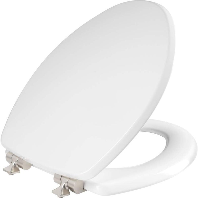 Mayfair Bennett Toilet Seat with Brushed Nickel Hinges, Slow Close Wood Seat, Secure Metal Hinges, Easy Install, Elongated, White - Image 1