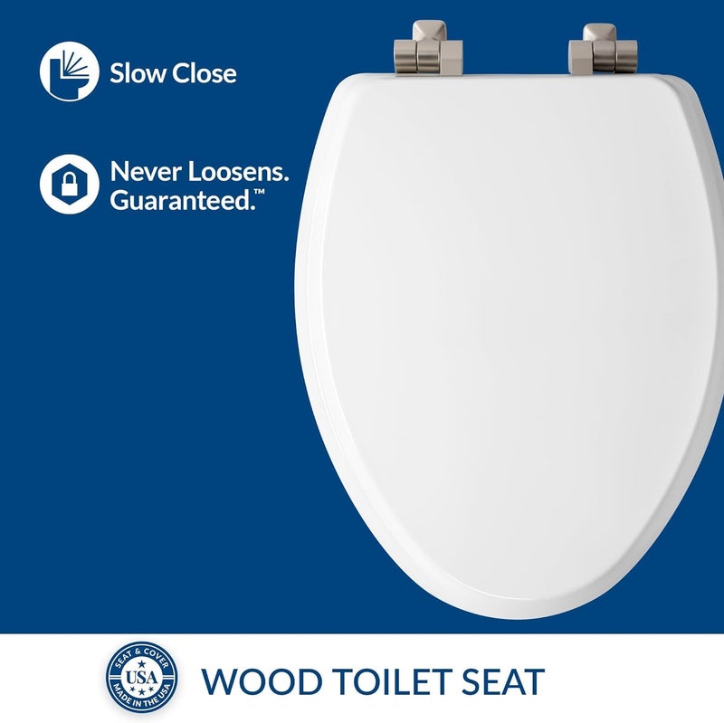 Mayfair Bennett Toilet Seat with Brushed Nickel Hinges, Slow Close Wood Seat, Secure Metal Hinges, Easy Install, Elongated, White - Image 3