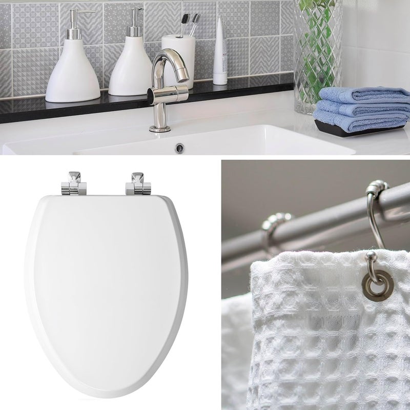 Mayfair Bennett Toilet Seat with Brushed Nickel Hinges, Slow Close Wood Seat, Secure Metal Hinges, Easy Install, Elongated, White - Image 4