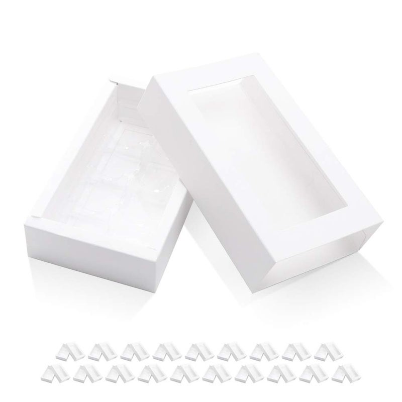 BAKIPACK 20 Truffle Box Chocolate Box Packaging Candy Boxes with 8Piece Plastics Tray Tray Size with 575x275 Inches Pull Out Packing with Clear Window Sleeves White