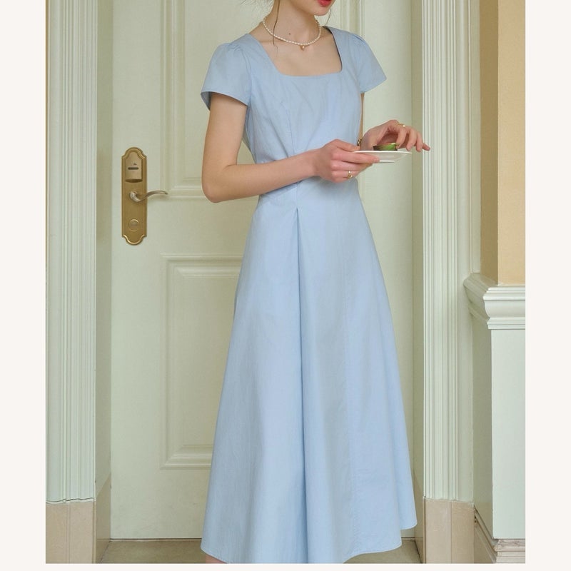 French Style Blue Cotton Dress - Breathable, Slimming Maxi Dress for Women - Image 1