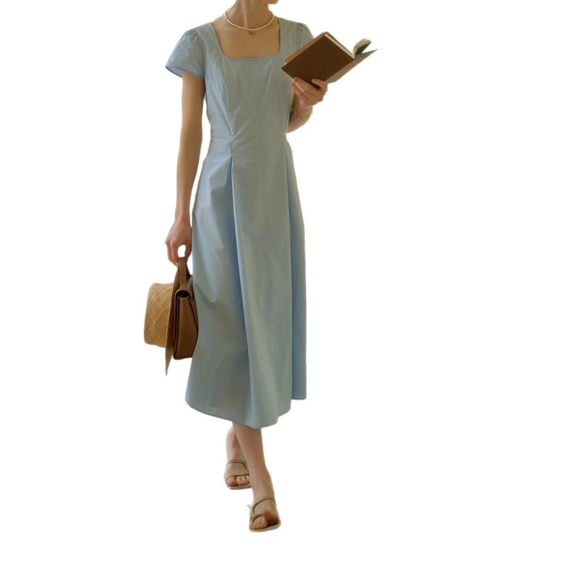 French Style Blue Cotton Dress - Breathable, Slimming Maxi Dress for Women - Image 5