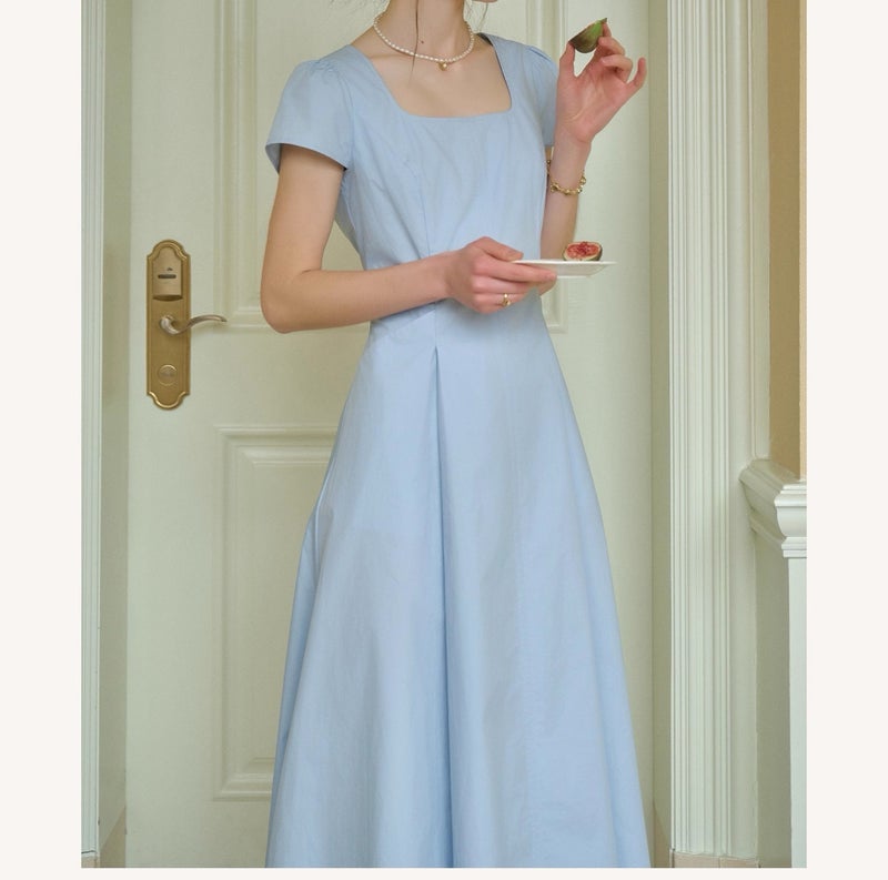 French Style Blue Cotton Dress - Breathable, Slimming Maxi Dress for Women - Image 2