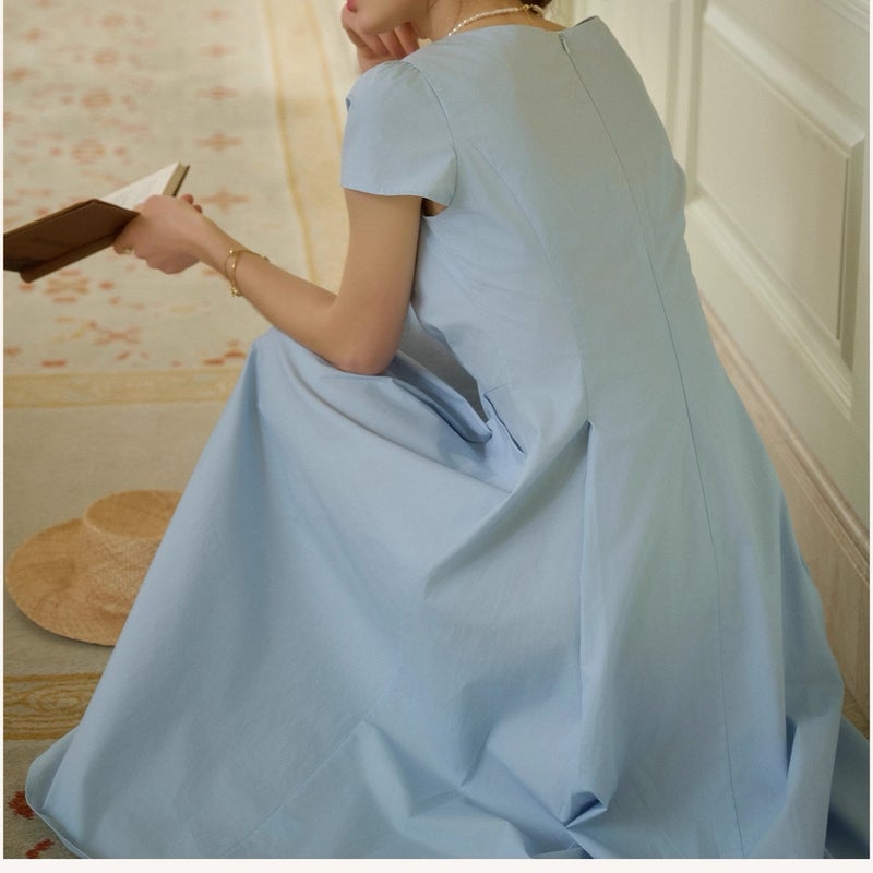 French Style Blue Cotton Dress - Breathable, Slimming Maxi Dress for Women - Image 4