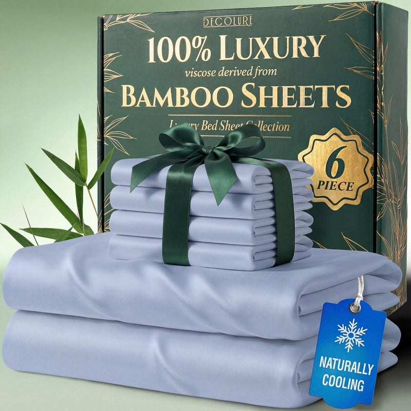 DECOLURE 100 Viscose Derived from Bamboo Sheets King Size Luxury 6 Pc Naturally Cooling Sheets Ultra Soft Bed Set Deep 17 Pockets Durable Double Stitching Oeko Tex Standard Light Blue