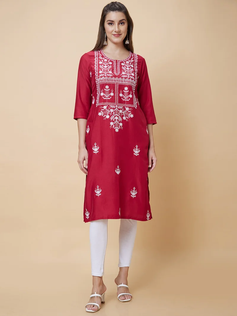 globus Women Floral Embroidered Thread Work Straight Kurta